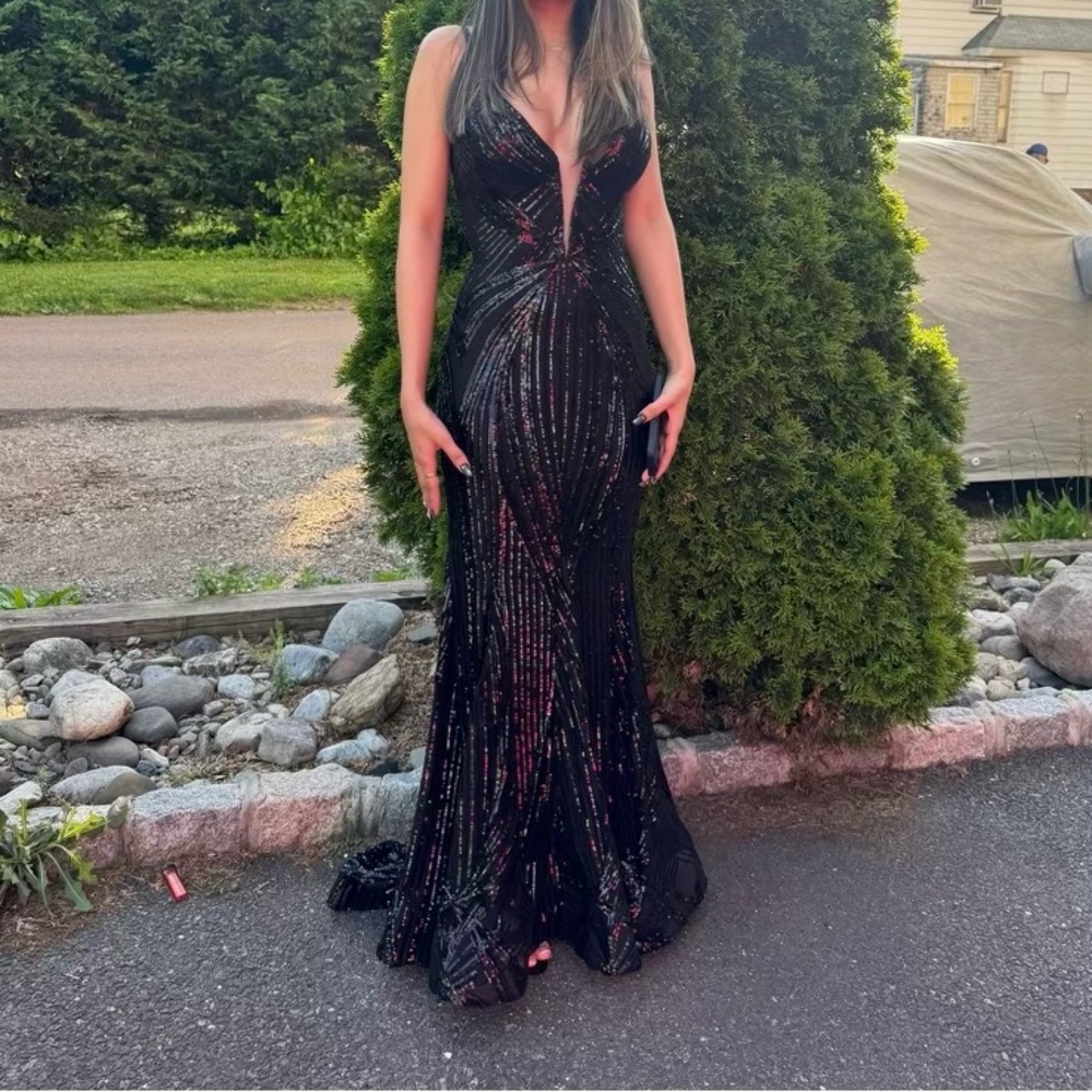 Jovani Black and Purple Sequin Embellished Prom Gown